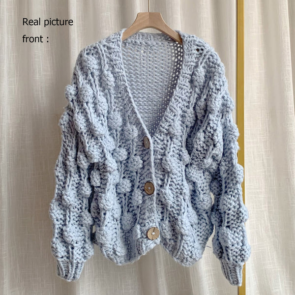 Runway Personality Women's Handmade Balls Sweater Women Coarse Wool Cropped Cardigan V-neck Casual Thick Winter Coat
