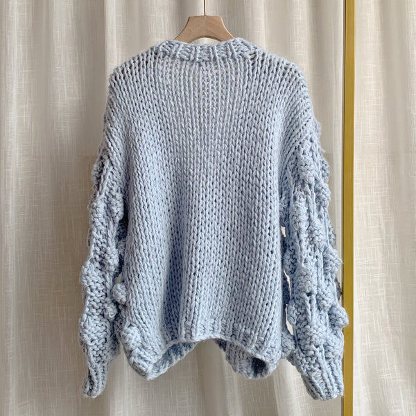 Runway Personality Women's Handmade Balls Sweater Women Coarse Wool Cropped Cardigan V-neck Casual Thick Winter Coat