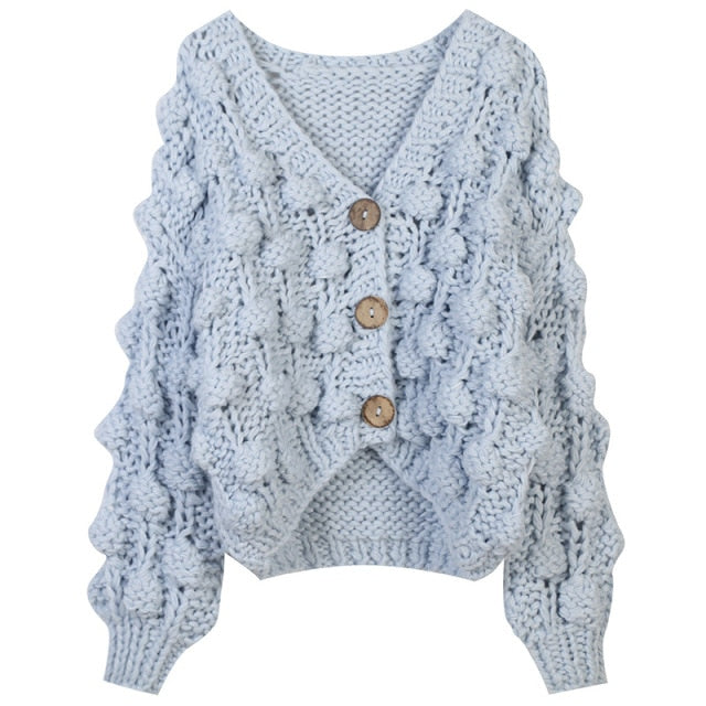 Runway Personality Women's Handmade Balls Sweater Women Coarse Wool Cropped Cardigan V-neck Casual Thick Winter Coat