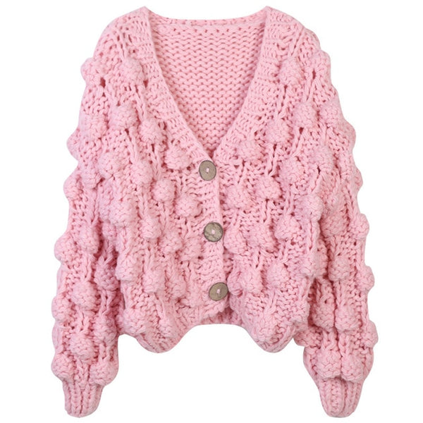 Runway Personality Women's Handmade Balls Sweater Women Coarse Wool Cropped Cardigan V-neck Casual Thick Winter Coat