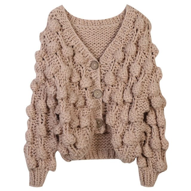 Runway Personality Women's Handmade Balls Sweater Women Coarse Wool Cropped Cardigan V-neck Casual Thick Winter Coat