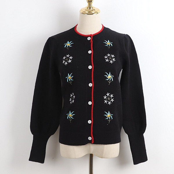 Spring Autumn Classic Black Casual Knitting Cardigan Floral Embroidered Cardigan O-Neck Puff Sleeve Slim Outerwears