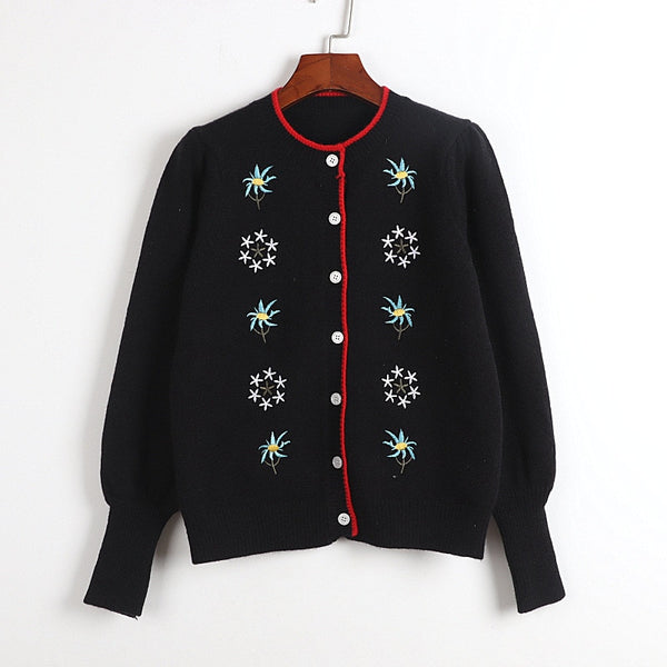 Spring Autumn Classic Black Casual Knitting Cardigan Floral Embroidered Cardigan O-Neck Puff Sleeve Slim Outerwears