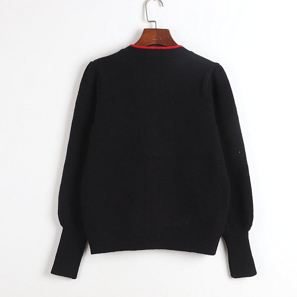 Spring Autumn Classic Black Casual Knitting Cardigan Floral Embroidered Cardigan O-Neck Puff Sleeve Slim Outerwears