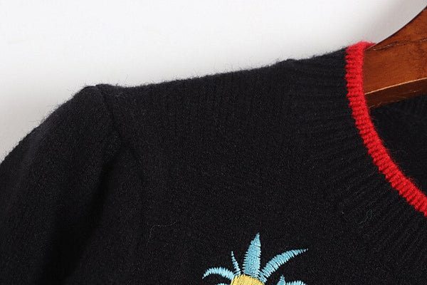 Spring Autumn Classic Black Casual Knitting Cardigan Floral Embroidered Cardigan O-Neck Puff Sleeve Slim Outerwears