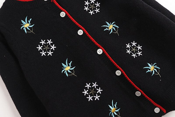 Spring Autumn Classic Black Casual Knitting Cardigan Floral Embroidered Cardigan O-Neck Puff Sleeve Slim Outerwears