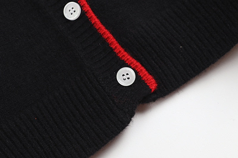 Spring Autumn Classic Black Casual Knitting Cardigan Floral Embroidered Cardigan O-Neck Puff Sleeve Slim Outerwears