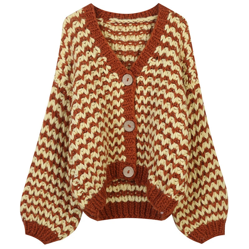 Striped Cardigan Sweater Women Lantern Sleeve Casual Loose Jumper Autumn Winter V Neck Knitted Oversized Coat Ladies