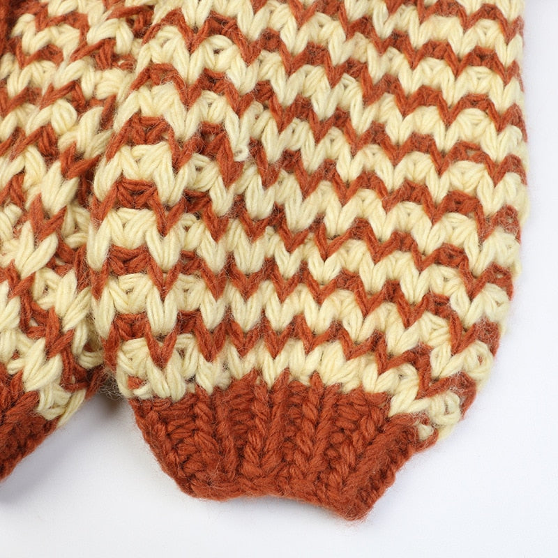 Striped Cardigan Sweater Women Lantern Sleeve Casual Loose Jumper Autumn Winter V Neck Knitted Oversized Coat Ladies