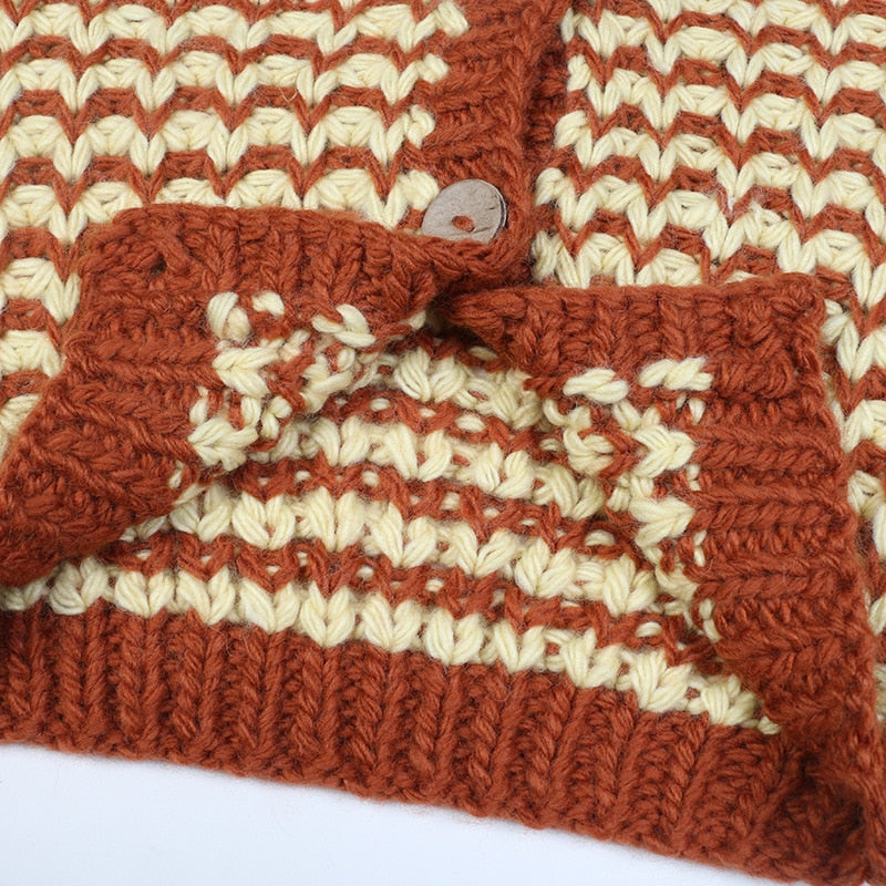 Striped Cardigan Sweater Women Lantern Sleeve Casual Loose Jumper Autumn Winter V Neck Knitted Oversized Coat Ladies