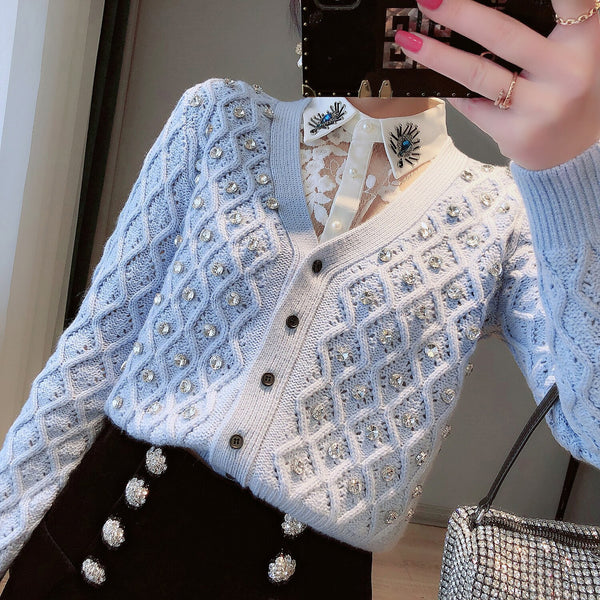 Spring Autumn Short Women Knit Jacket V-Neck Rhinestone Hollow Out Knitwear Luxurious Ladies Cardigan Coat