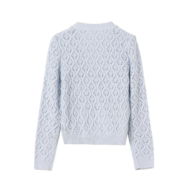 Spring Autumn Short Women Knit Jacket V-Neck Rhinestone Hollow Out Knitwear Luxurious Ladies Cardigan Coat