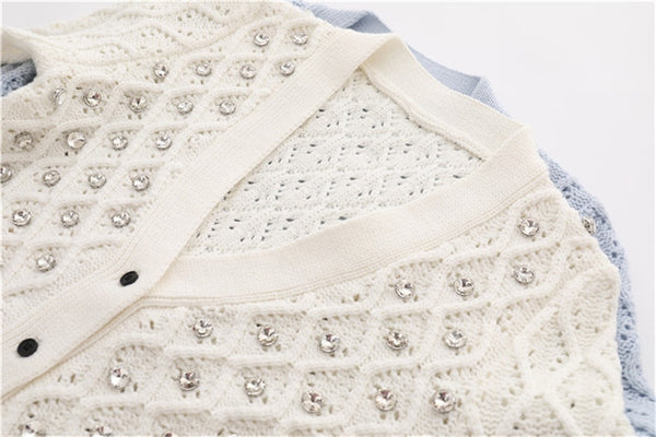 Spring Autumn Short Women Knit Jacket V-Neck Rhinestone Hollow Out Knitwear Luxurious Ladies Cardigan Coat