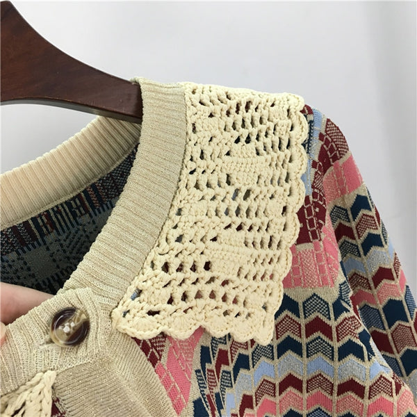 Knitted Cardigan Women Autumn Turn Down Collar Plaid Sweater Knitwear Coat Dropshipping Blusas Mujer De Moda