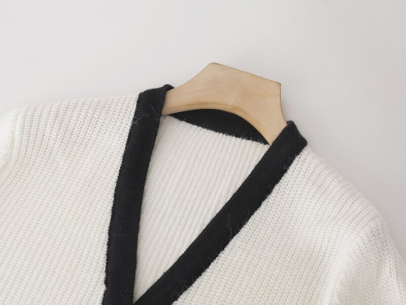 Women Cardigans Patchwork V-Neck Bow Loose Knitted Sweater Spring Autumn Long Sleeve Coat Casual Knitwear