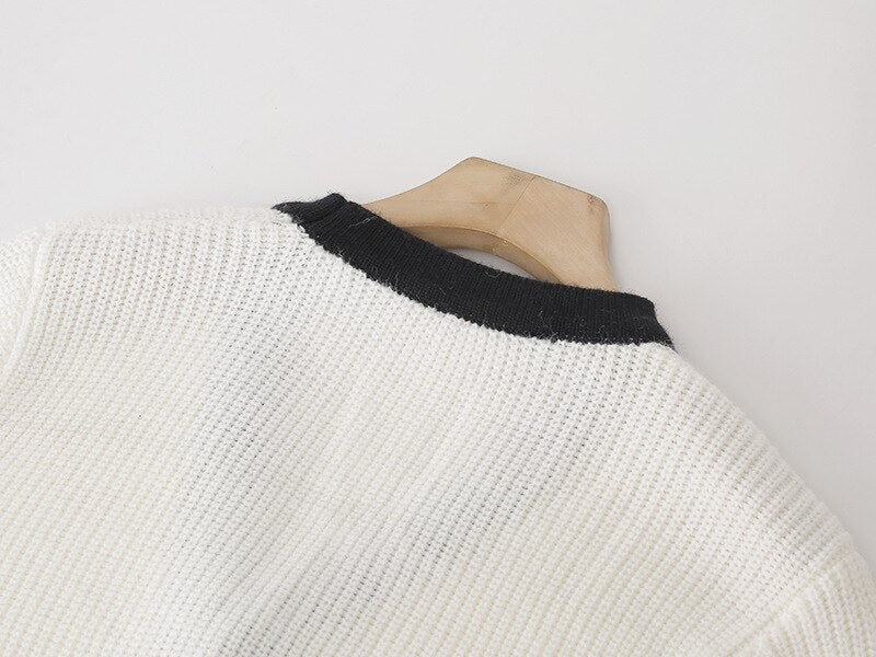 Women Cardigans Patchwork V-Neck Bow Loose Knitted Sweater Spring Autumn Long Sleeve Coat Casual Knitwear