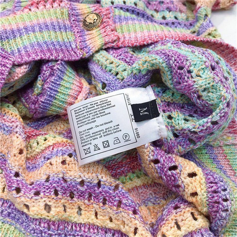 Summer Women Hollow Out Knitted Sweater Rainbow Long Sleeve Loose Cardigan Single Breasted Top Lady Outwear