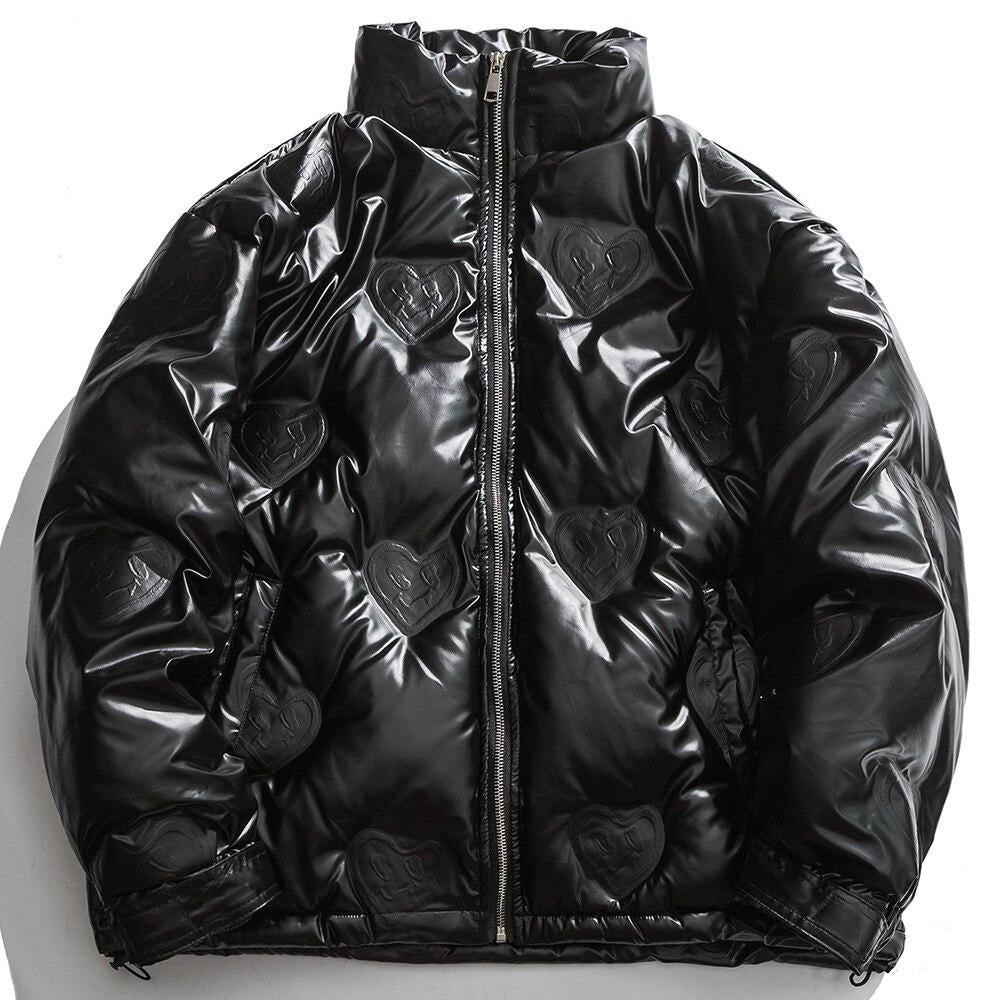 Winter Jacket Men Heart Embossing Solid Color Zipper Black Parkas Baggy Simple Fashion Cool Warm Cozy Padded Streetwear