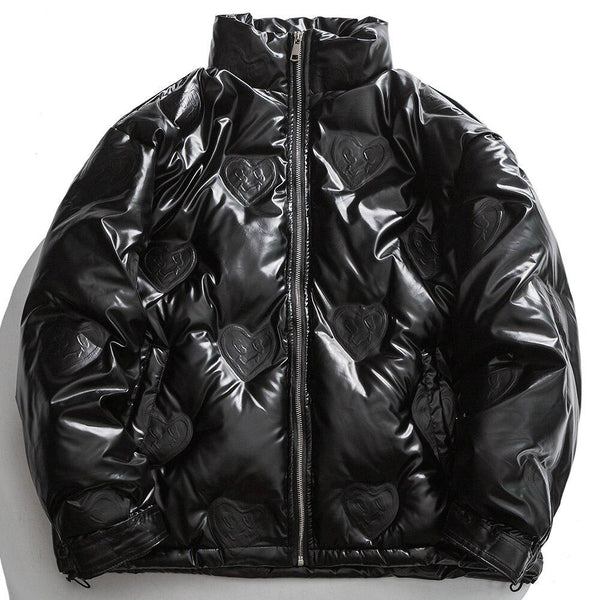 Winter Jacket Men Heart Embossing Solid Color Zipper Black Parkas Baggy Simple Fashion Cool Warm Cozy Padded Streetwear
