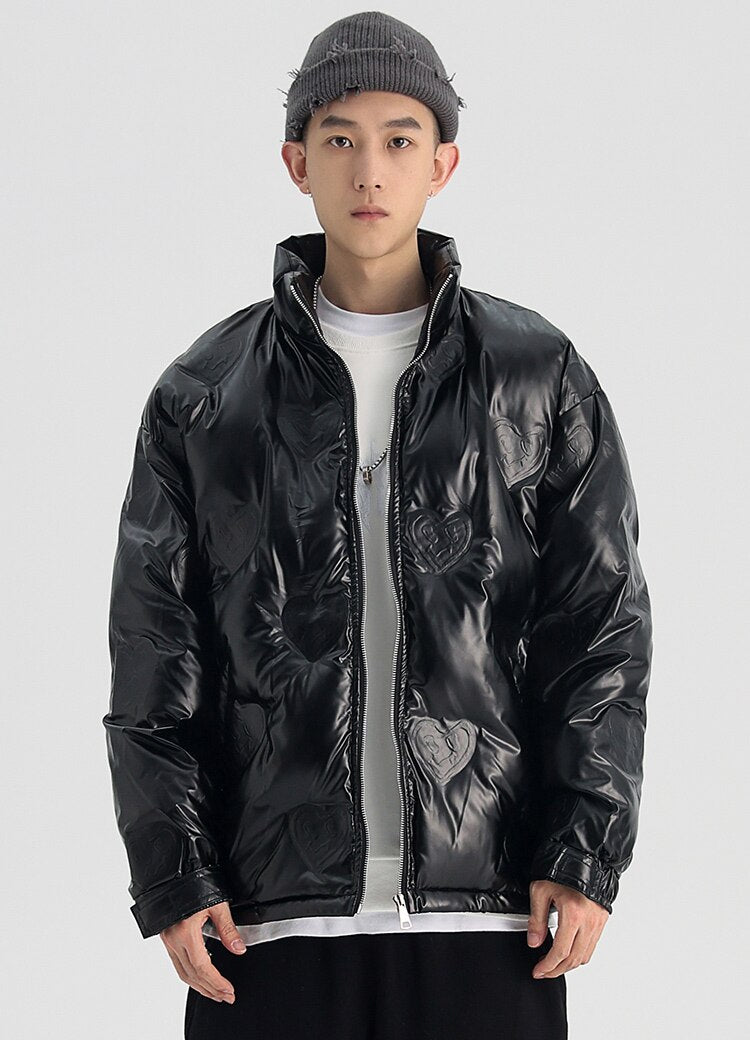 Winter Jacket Men Heart Embossing Solid Color Zipper Black Parkas Baggy Simple Fashion Cool Warm Cozy Padded Streetwear