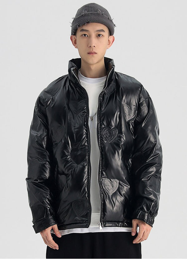 Winter Jacket Men Heart Embossing Solid Color Zipper Black Parkas Baggy Simple Fashion Cool Warm Cozy Padded Streetwear