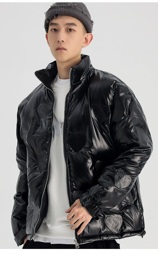 Winter Jacket Men Heart Embossing Solid Color Zipper Black Parkas Baggy Simple Fashion Cool Warm Cozy Padded Streetwear