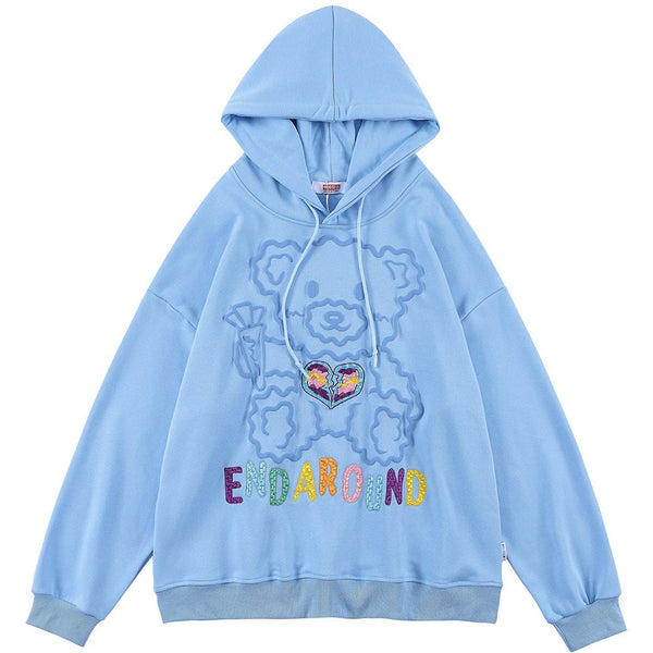 Hoodie Men Colorful Letter Embroidery Cute Bear Hooded Pullover Men Harajuku College Style Sweatshirt Couple Streetwear