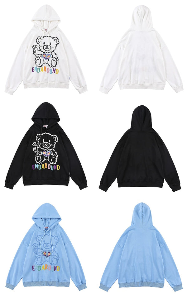 Hoodie Men Colorful Letter Embroidery Cute Bear Hooded Pullover Men Harajuku College Style Sweatshirt Couple Streetwear