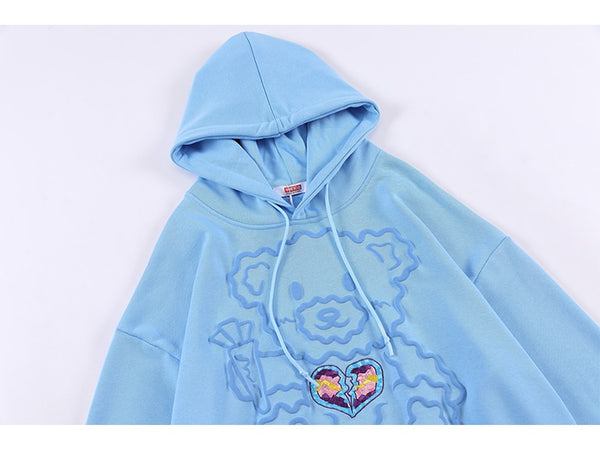 Hoodie Men Colorful Letter Embroidery Cute Bear Hooded Pullover Men Harajuku College Style Sweatshirt Couple Streetwear