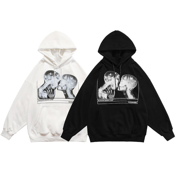 Hoodies Men Scary Skeleton Bone Print Plus Velvet Pullover Couple Oversize Gothic Diablo Style Punk Harajuku Streetwear