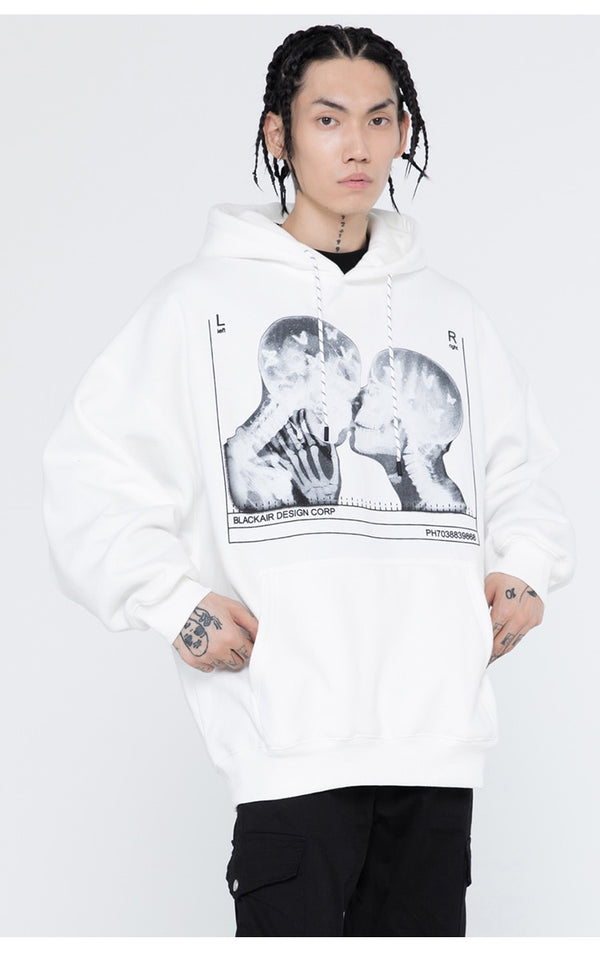 Hoodies Men Scary Skeleton Bone Print Plus Velvet Pullover Couple Oversize Gothic Diablo Style Punk Harajuku Streetwear