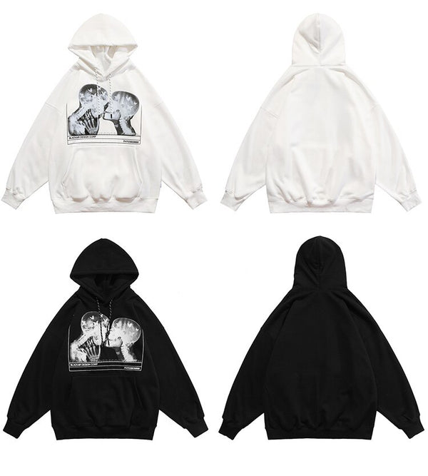 Hoodies Men Scary Skeleton Bone Print Plus Velvet Pullover Couple Oversize Gothic Diablo Style Punk Harajuku Streetwear