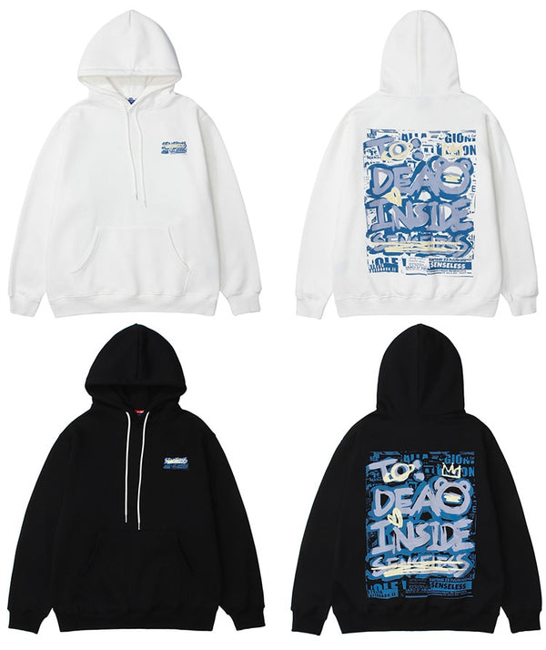 Hoodie Men Graffiti Letter Illustration Fleece Pullovers High Street All-match Casual Tops Baggy Cozy Unisex Streetwear