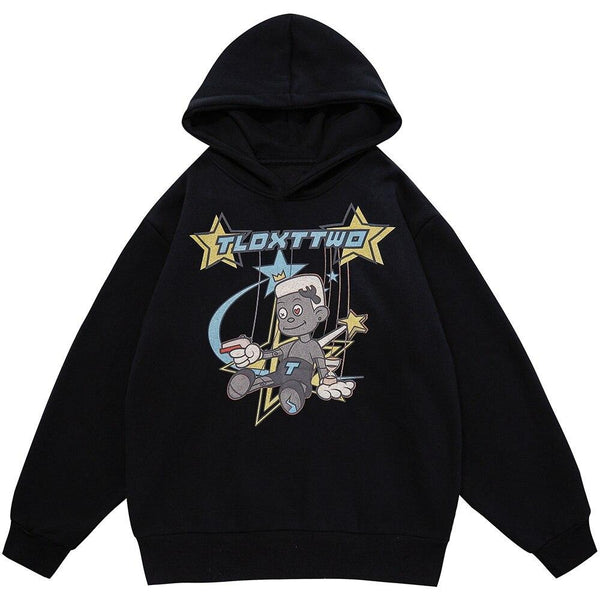 Hoodie Men Cartoon Comics Repairman Star-shaped Print Pullovers Couple Harajuku Fashion Varsity Casual Loose Streetwear