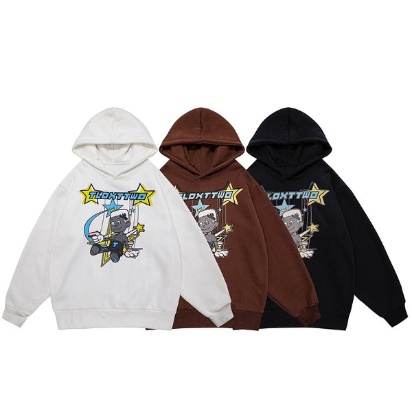 Hoodie Men Cartoon Comics Repairman Star-shaped Print Pullovers Couple Harajuku Fashion Varsity Casual Loose Streetwear
