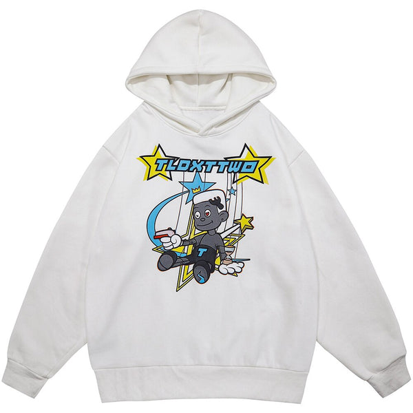 Hoodie Men Cartoon Comics Repairman Star-shaped Print Pullovers Couple Harajuku Fashion Varsity Casual Loose Streetwear