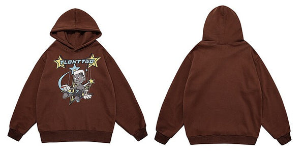 Hoodie Men Cartoon Comics Repairman Star-shaped Print Pullovers Couple Harajuku Fashion Varsity Casual Loose Streetwear