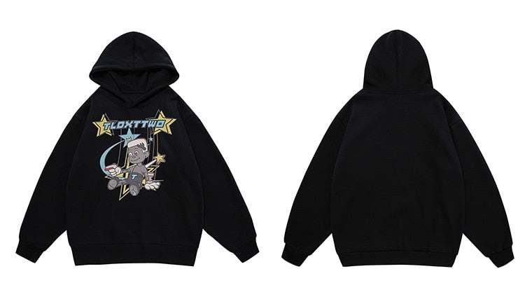 Hoodie Men Cartoon Comics Repairman Star-shaped Print Pullovers Couple Harajuku Fashion Varsity Casual Loose Streetwear