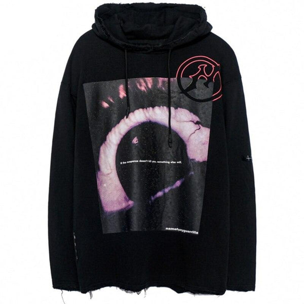 Hoodies Men Horror Illustration Letter Print Ripped Pullover Couple Baggy Cozy Hooded Tops Soft Warm Hipster Streetwear