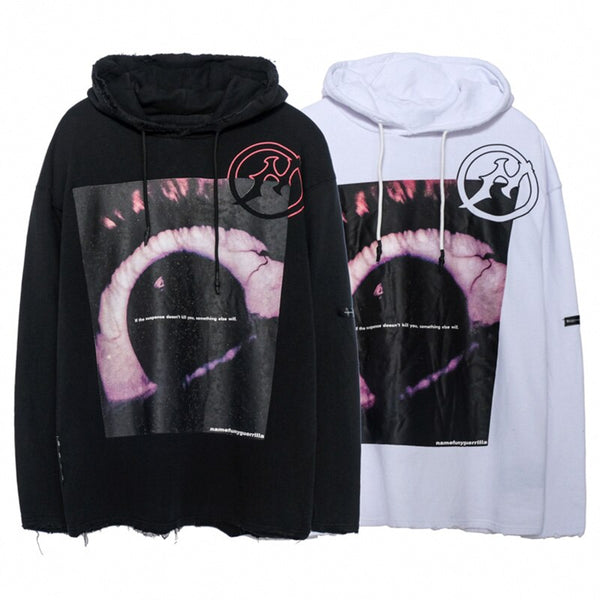 Hoodies Men Horror Illustration Letter Print Ripped Pullover Couple Baggy Cozy Hooded Tops Soft Warm Hipster Streetwear