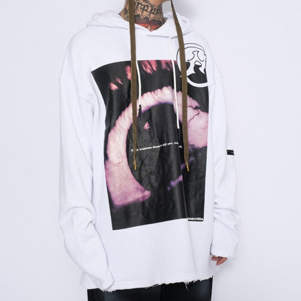 Hoodies Men Horror Illustration Letter Print Ripped Pullover Couple Baggy Cozy Hooded Tops Soft Warm Hipster Streetwear