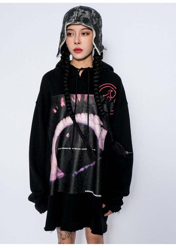 Hoodies Men Horror Illustration Letter Print Ripped Pullover Couple Baggy Cozy Hooded Tops Soft Warm Hipster Streetwear