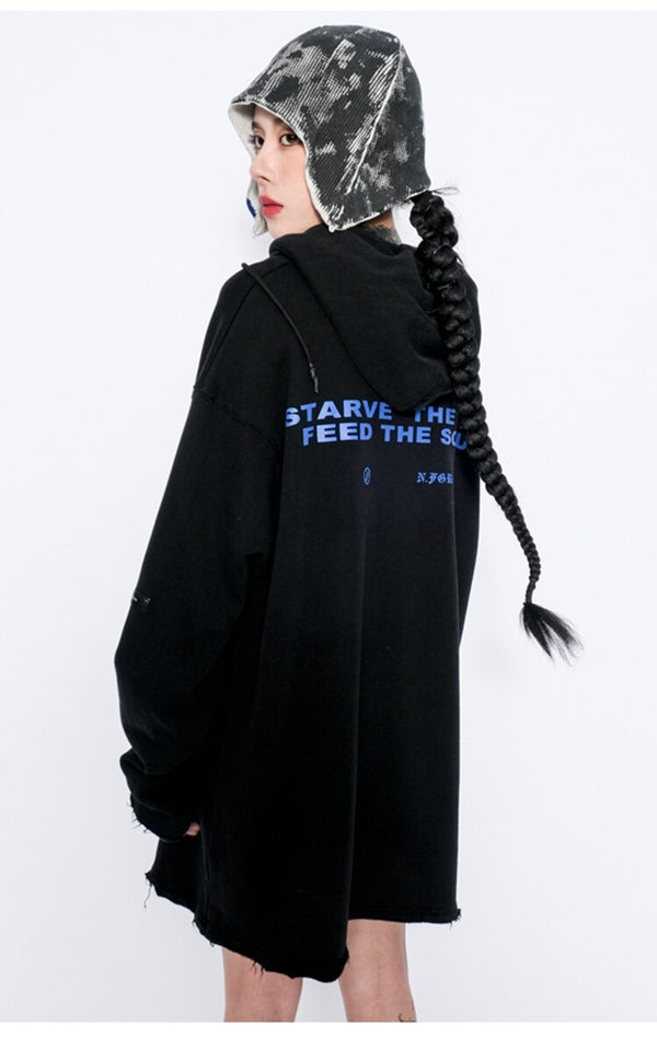 Hoodies Men Horror Illustration Letter Print Ripped Pullover Couple Baggy Cozy Hooded Tops Soft Warm Hipster Streetwear