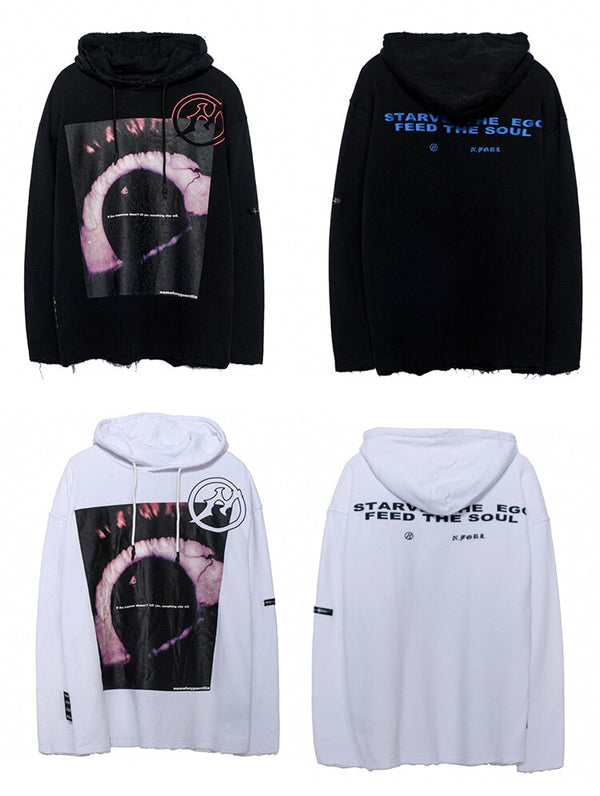 Hoodies Men Horror Illustration Letter Print Ripped Pullover Couple Baggy Cozy Hooded Tops Soft Warm Hipster Streetwear