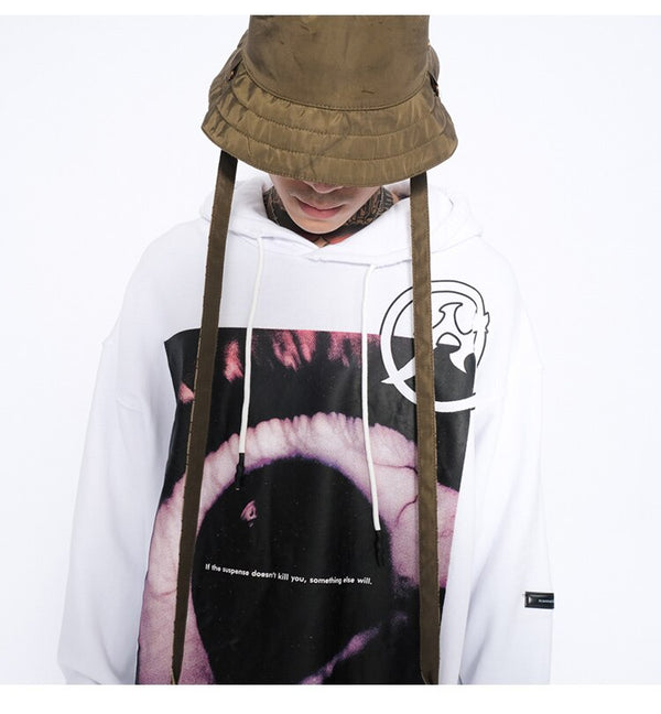 Hoodies Men Horror Illustration Letter Print Ripped Pullover Couple Baggy Cozy Hooded Tops Soft Warm Hipster Streetwear