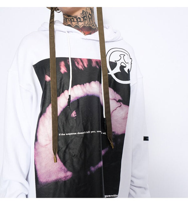 Hoodies Men Horror Illustration Letter Print Ripped Pullover Couple Baggy Cozy Hooded Tops Soft Warm Hipster Streetwear