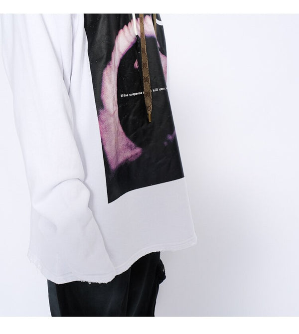 Hoodies Men Horror Illustration Letter Print Ripped Pullover Couple Baggy Cozy Hooded Tops Soft Warm Hipster Streetwear