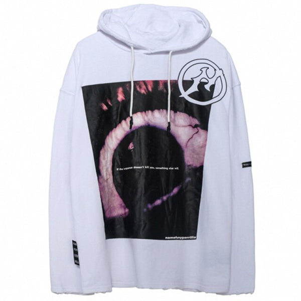 Hoodies Men Horror Illustration Letter Print Ripped Pullover Couple Baggy Cozy Hooded Tops Soft Warm Hipster Streetwear