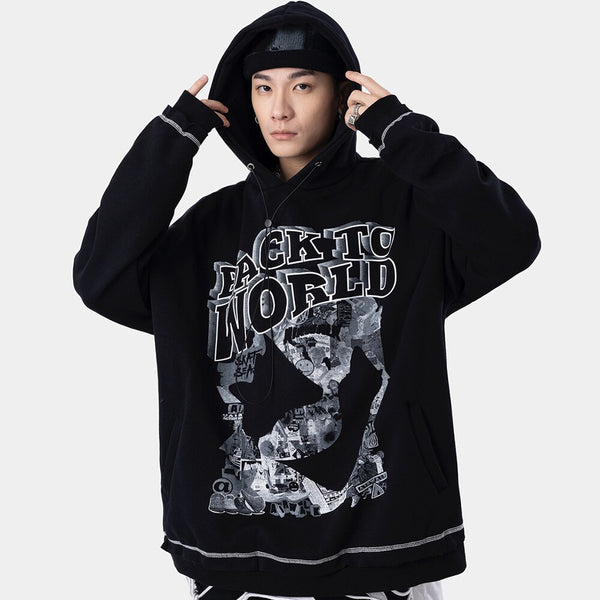 Hoodie Men Gothic Letter Comics Print Fleece Warm Pullover Couple Hipster Punk Cool High Street Hooded Tops Streetwear
