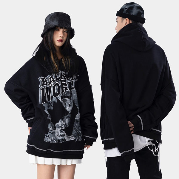 Hoodie Men Gothic Letter Comics Print Fleece Warm Pullover Couple Hipster Punk Cool High Street Hooded Tops Streetwear